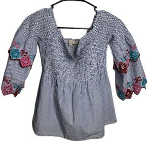 LOFT Fiesta Blouse Womens XSP Blue Embroidered Off Shoulder Tier Smocked Bell